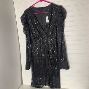 Mabell black sequin long sleeve v neck wrap mini dress size large